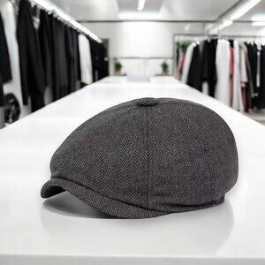 Gray Herringbone Flat Cap Newsboy Hat - NEW